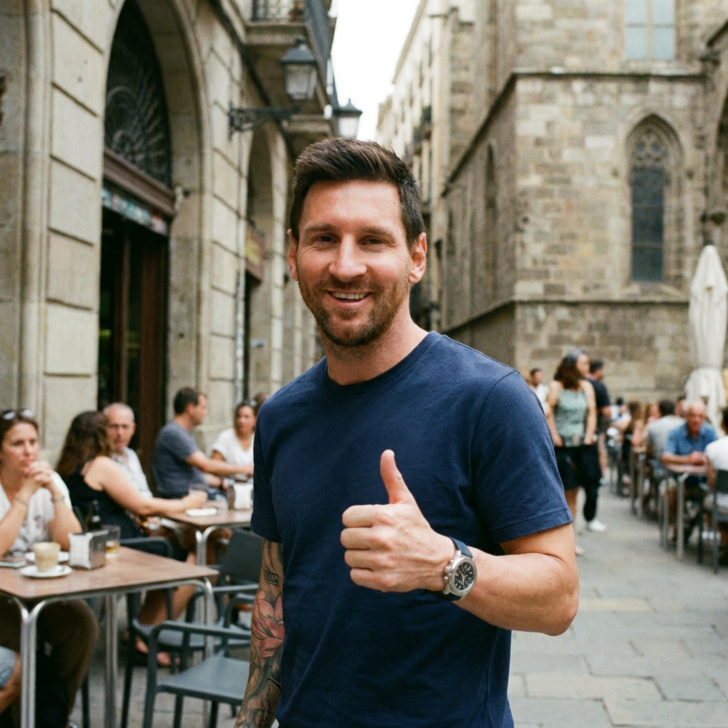 Lionel Messi smiling and giving a thumbs up at an outdoor cafe.