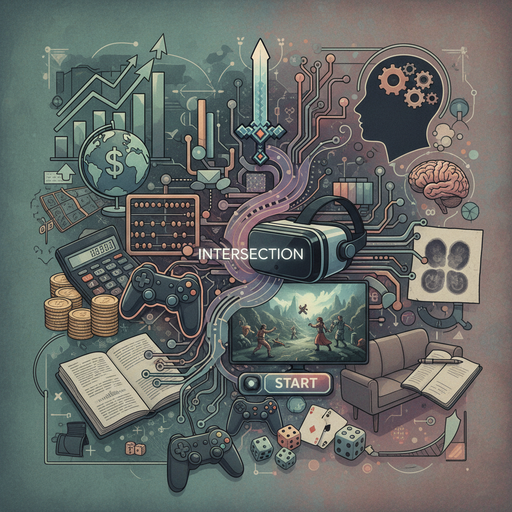 Conceptual collage of gaming, financial, and cognitive symbols featuring the text INTERSECTION and START.